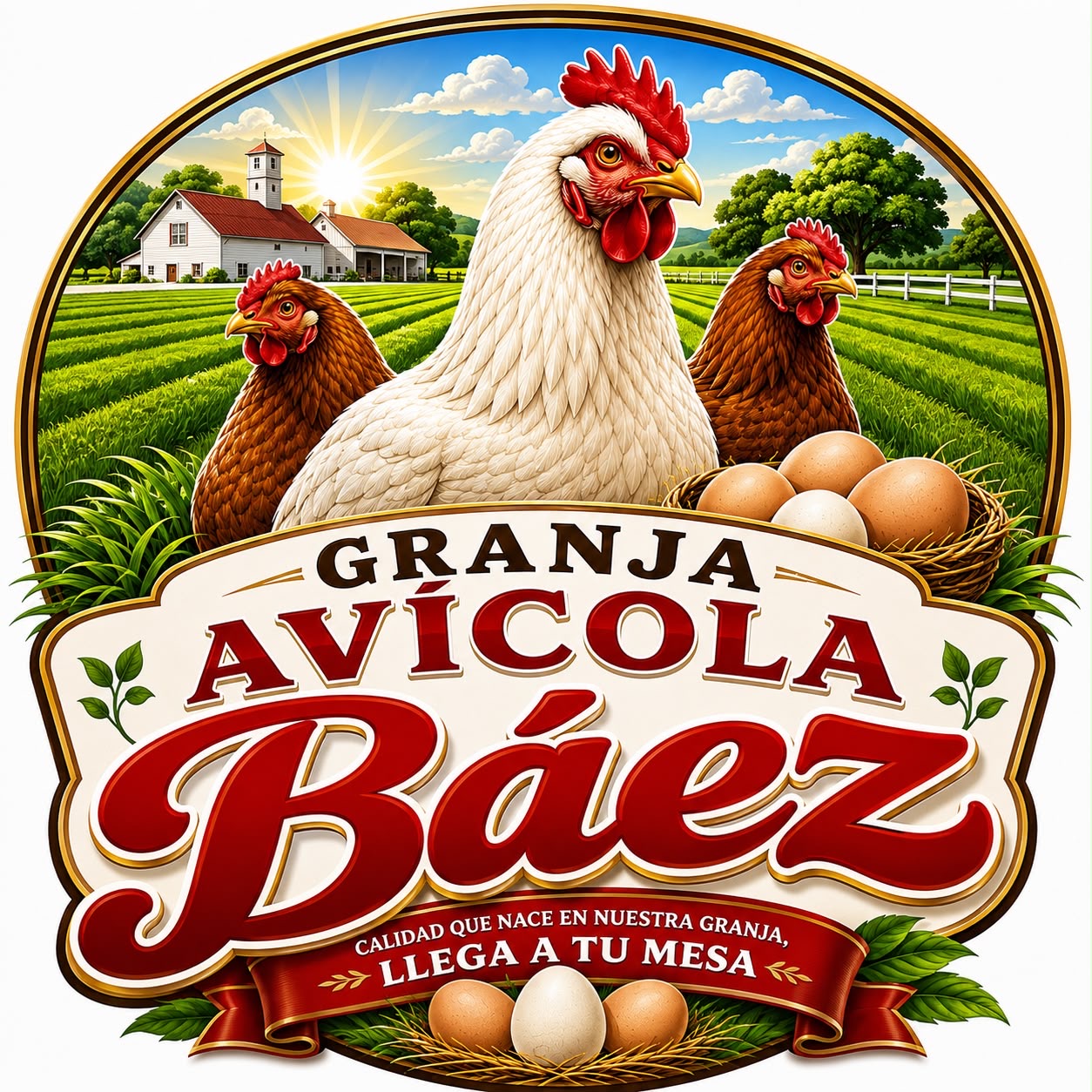 Emblema de Granja Avícola Báez con gallinas, huevos y campo